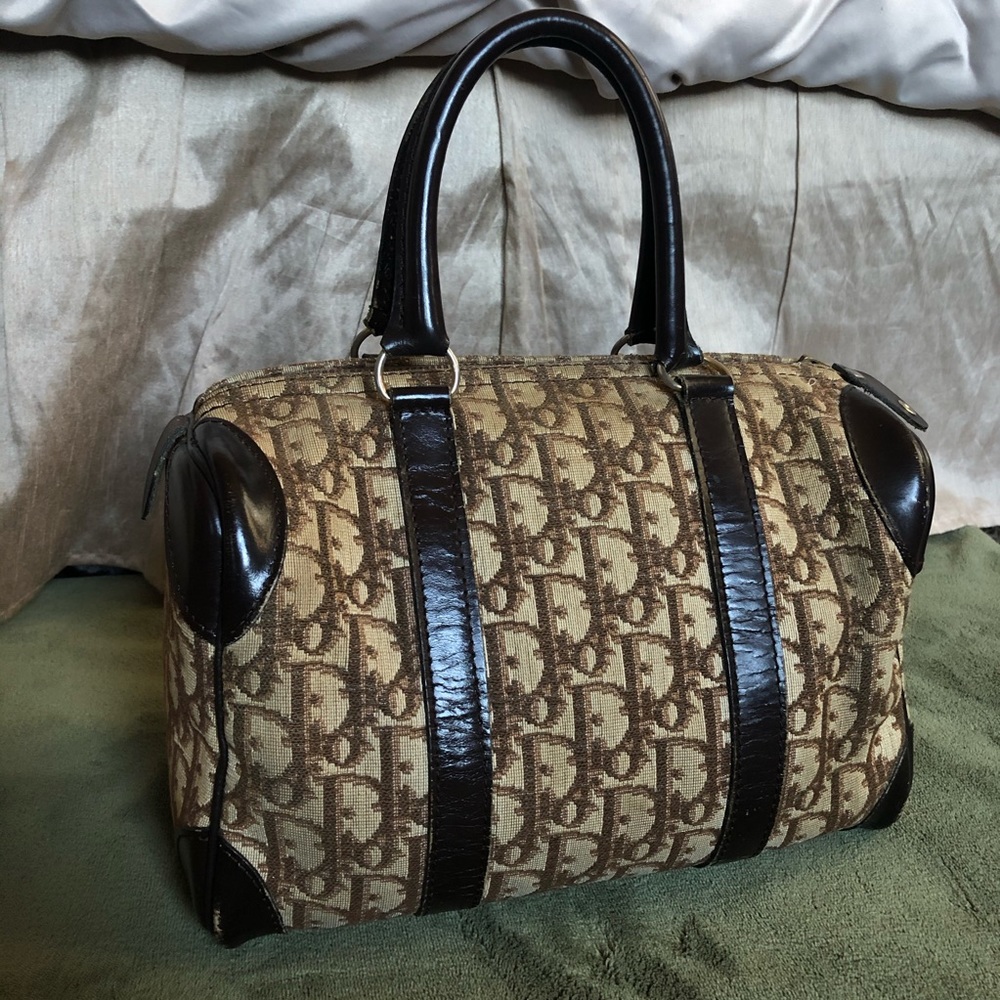 CHRISTIAN DIOR Monogram Trotter Boston Bag in Brown Canvas & Leather